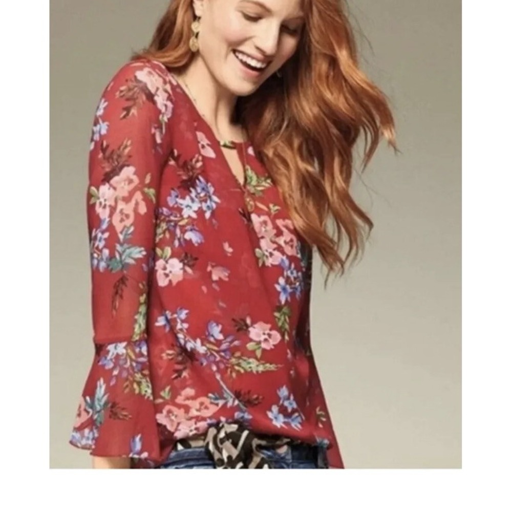 Cabi Devoted Blouse Red Floral Bell Sleeves Xs #3590 Multi Color Layered
